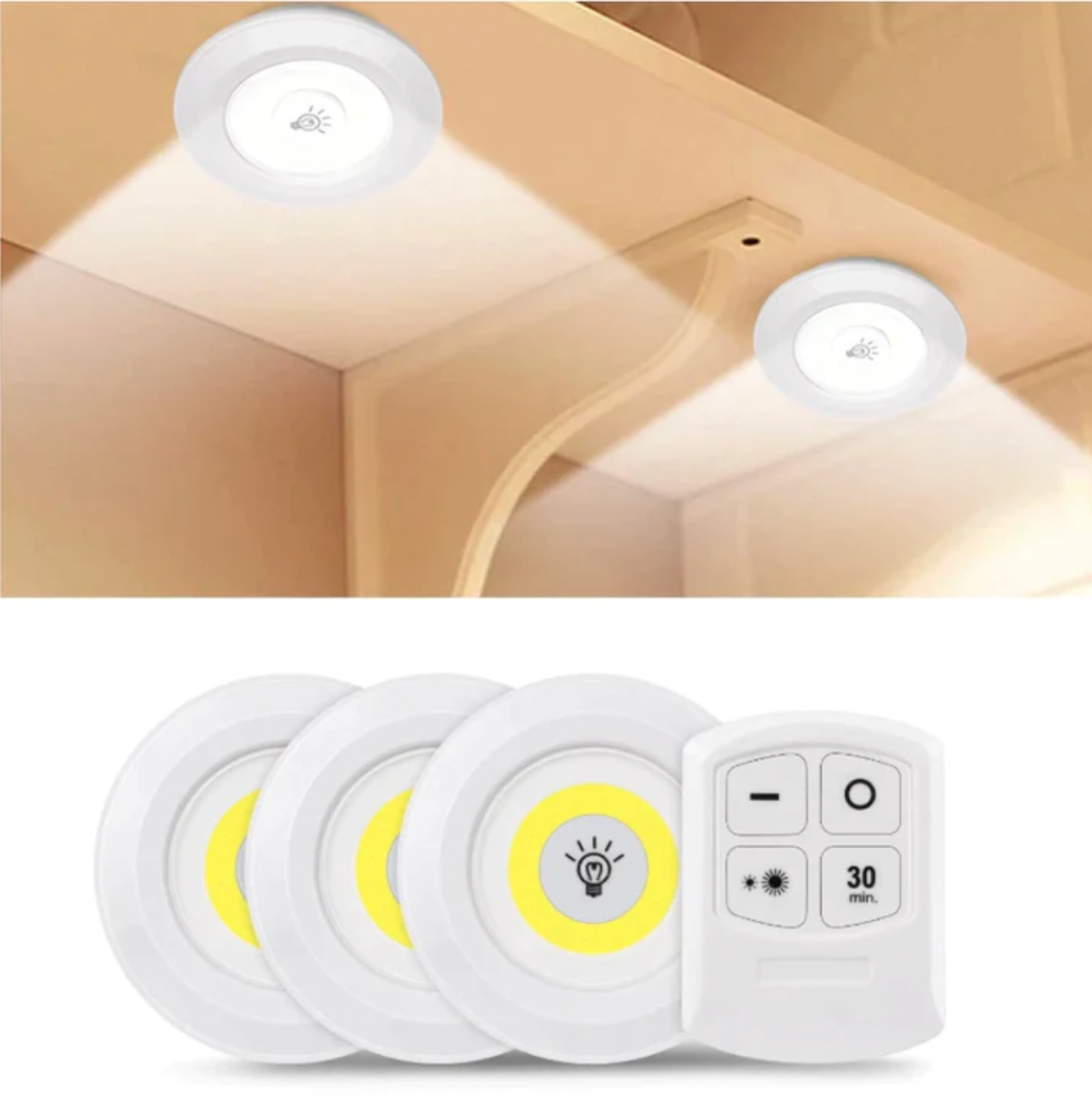 Set 3 Luces LED Adhesiva con Control Remoto – Iluminación Rápida – Adiós a rincones oscuros sin Cables