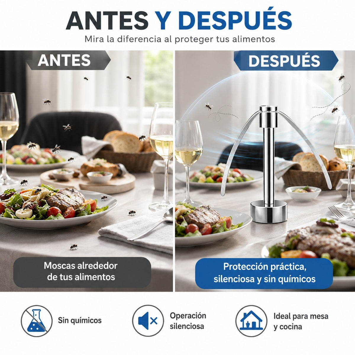 Repele Moscas – Hélices Suaves – Comida y snacks tranquilos!