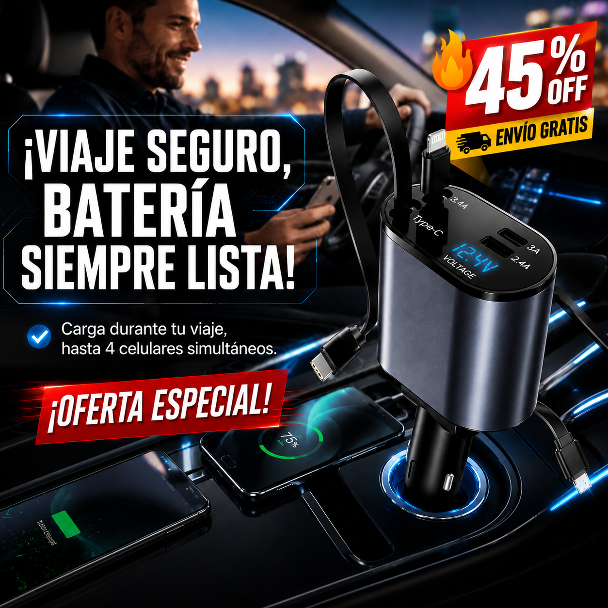 Cargador Celular para Carro – Energía Constante – Viajes Sin Interrupciones!