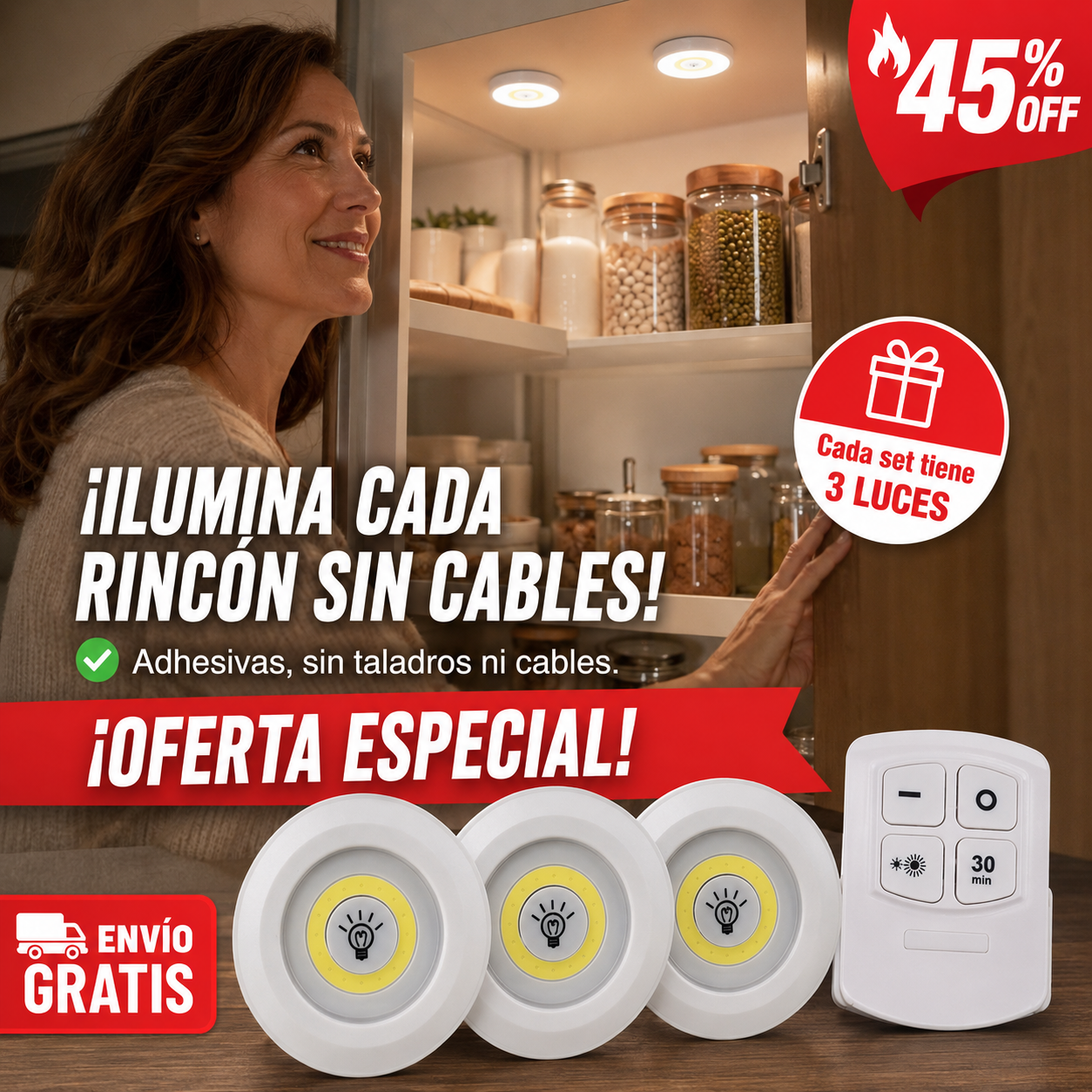 Set 3 Luces LED Adhesiva con Control Remoto – Iluminación Rápida – Adiós a rincones oscuros sin Cables