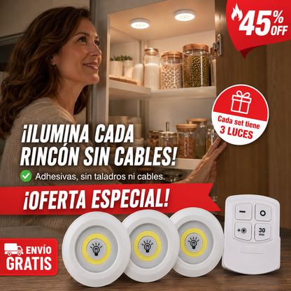 Set 3 Luces LED Adhesiva con Control Remoto – Iluminación Rápida – Adiós a rincones oscuros sin Cables