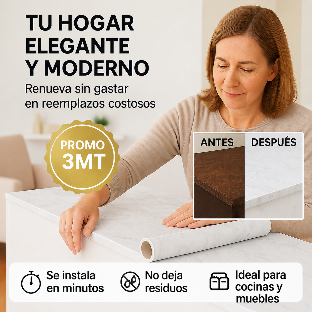 EasyStick™: Vinilo MARMOL Adhesivo - 3Metros para renovarte!