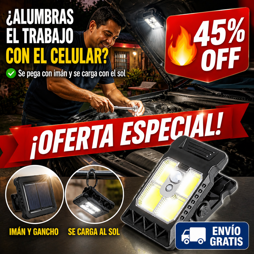 Lámpara Solar de Trabajo – Imán, Gancho y Pinza – Manos Libres — imagen 1