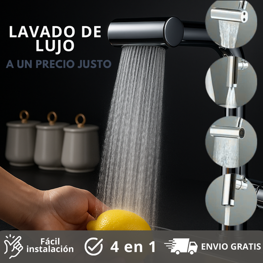 Grifo 4 en 1 : Gira y rocía – Mejora tu cocina en segundos!