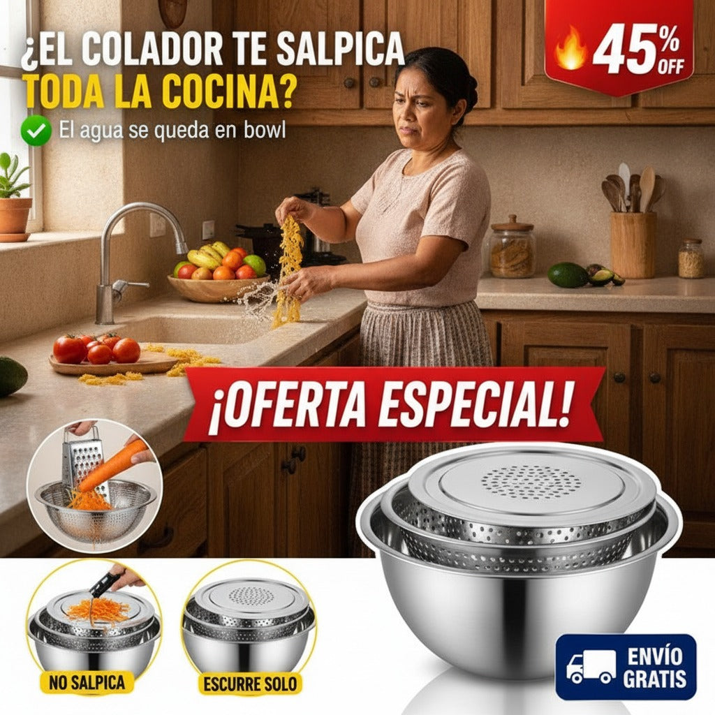 Set de Cocina 3 en 1 – Bowl, Colador y Rallador – Acero Inoxidable — imagen 2
