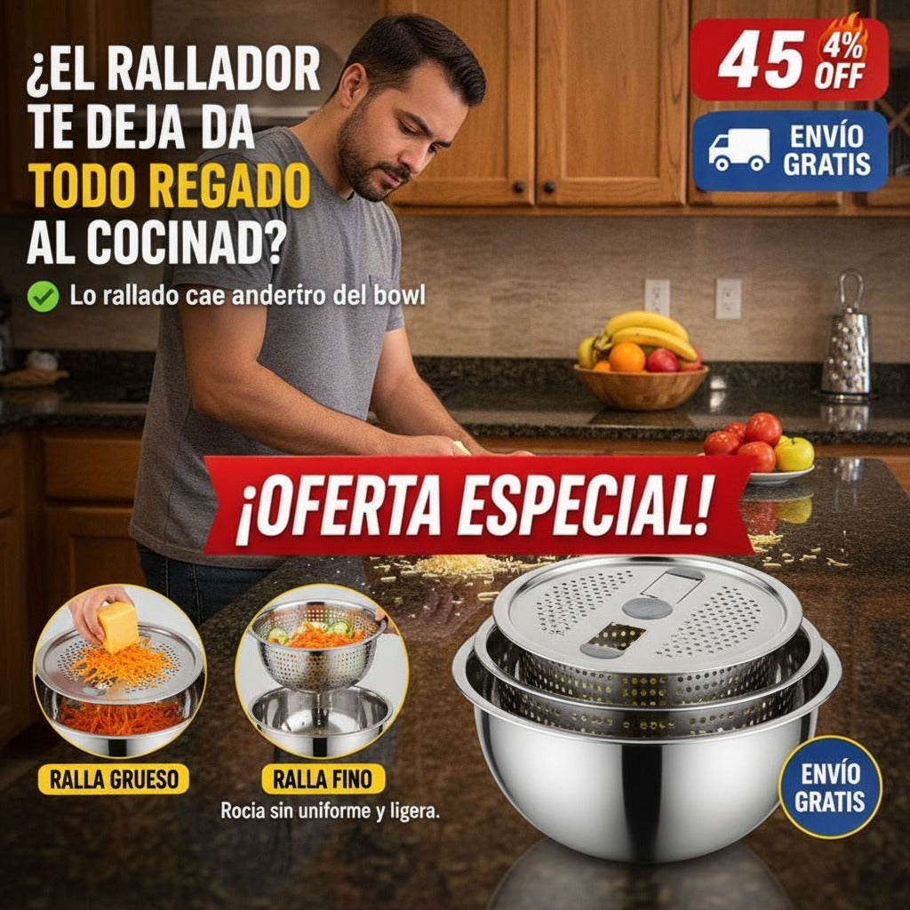 Set de Cocina 3 en 1 – Bowl, Colador y Rallador – Acero Inoxidable — imagen 3