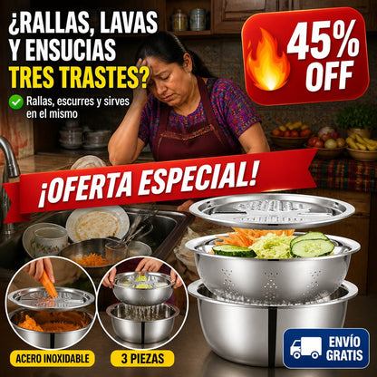 Set de Cocina 3 en 1 – Bowl, Colador y Rallador – Acero Inoxidable — imagen 1