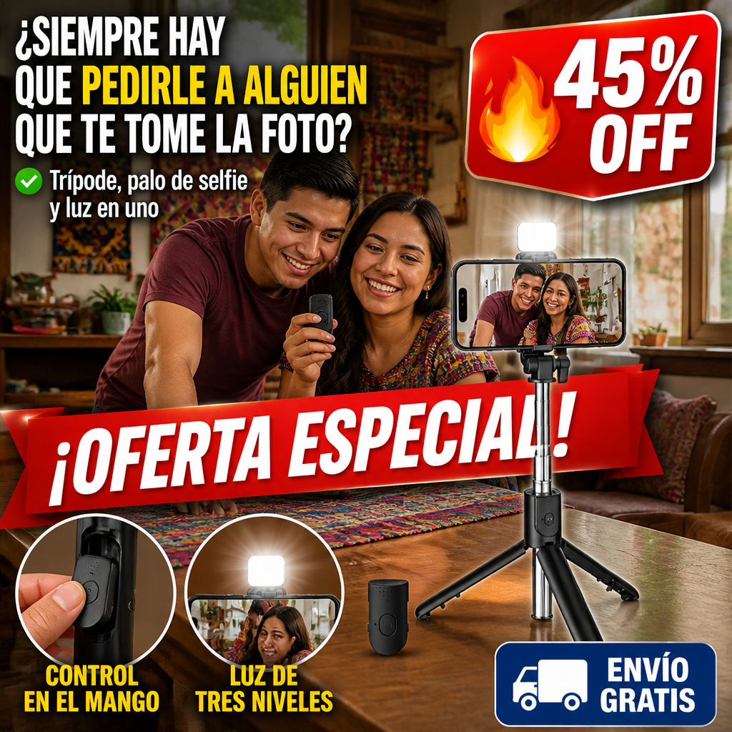 Trípode y Palo de Selfie con Control – Con Luz LED para Grabar — imagen 1