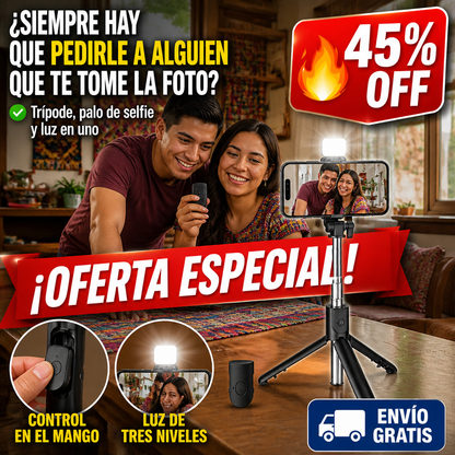 Trípode y Palo de Selfie con Control – Con Luz LED para Grabar — imagen 1